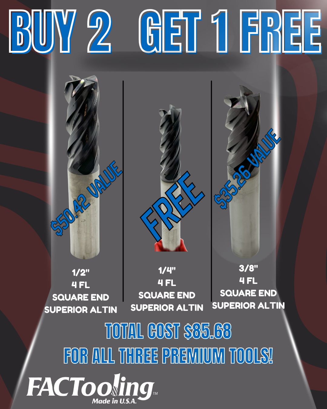 4 Flute 1/2", 3/8", 1/4" Diameter Superior AlTiN Kit